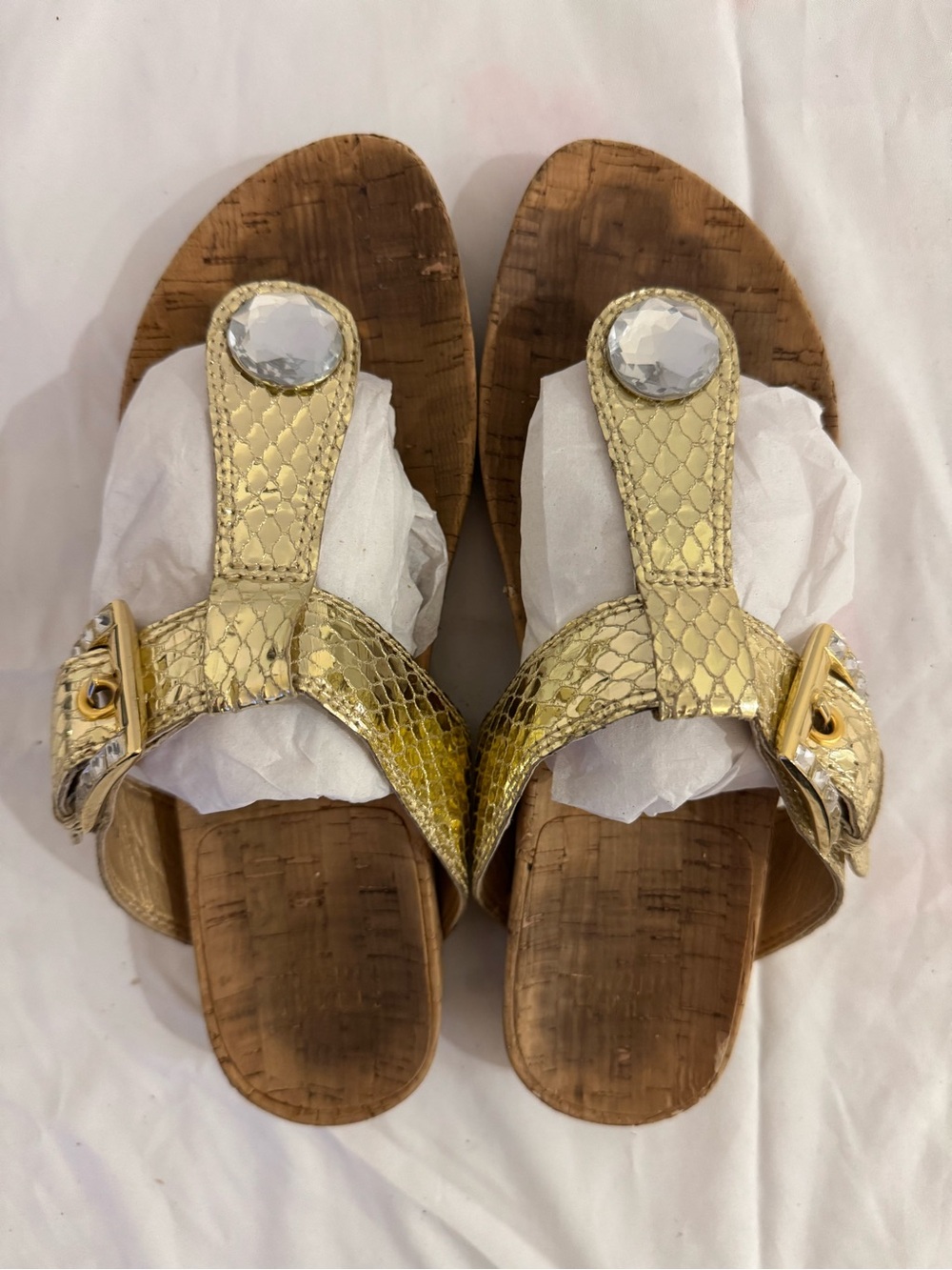 Stuart Weitzman Gold Jeweled Thong Sandals